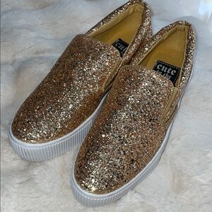 Sparkling Gold Slip-On Sneakers with Elastic Panels